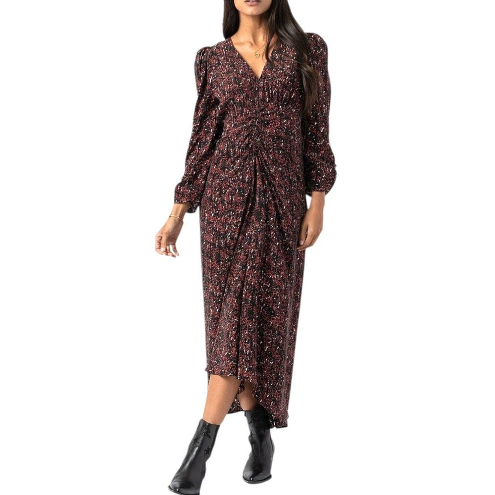 NEW Saint + Sofia Paloma Dress Red Ditsy Leopard Women Size 6 Ruched Long Sleeve